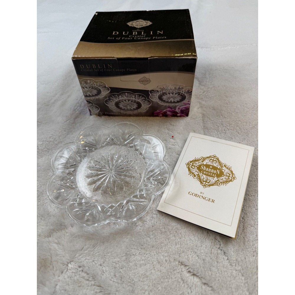 Shannon Crystal by Godinger Dublin Set of 4 Canape Plates 4.5" Bohemian Glass